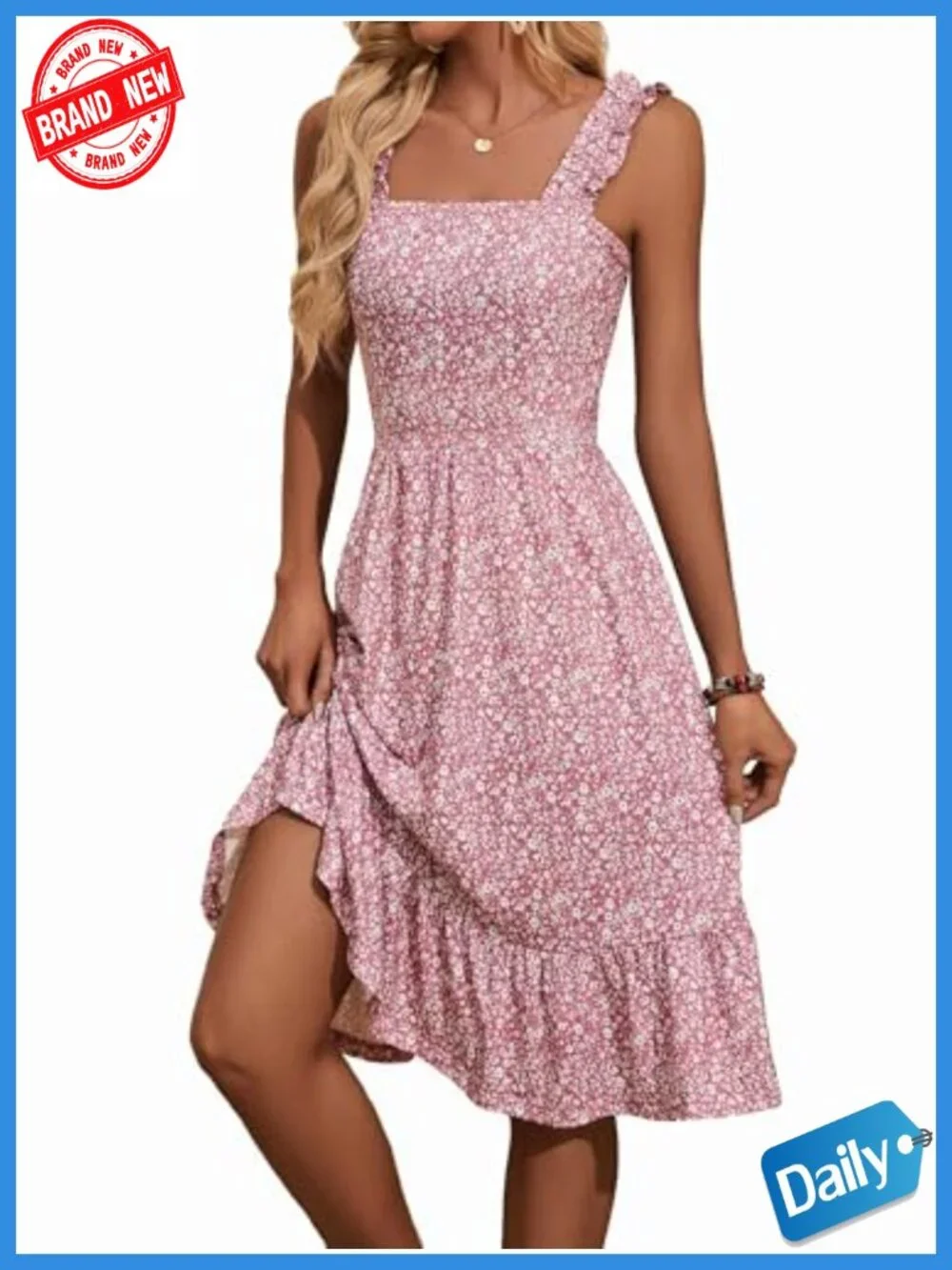 Womens Summer Midi Dress Square Neck Elastic Straps Floral Flowy A-Line Sundress